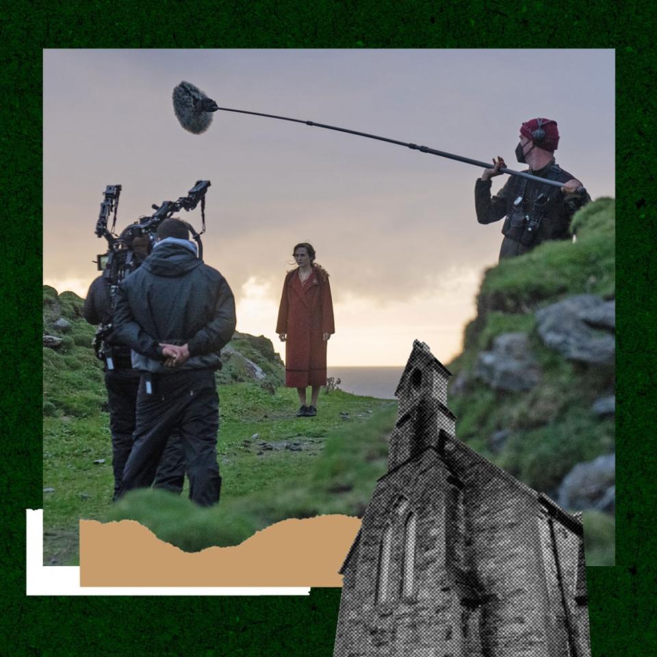 <div class="inline-image__caption"><p>Kerry Condon filming by Lough Acorrymore.</p></div> <div class="inline-image__credit">Photo Illustrations by Luis G. Rendon/The Daily Beast/Courtesy of Searchlight Pictures, Emma Fraser, and Tourism Ireland</div>