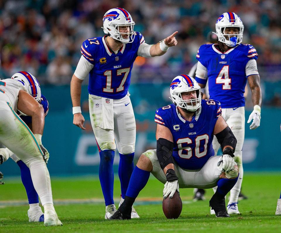 Buffalo Bills quarterback Josh Allen (17) in action agains the Miami Dolphins during NFL football game Jan 07, 2024, in Miami Gardens.