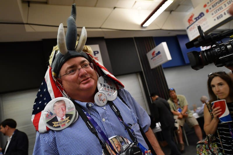 A delegate is pictured wearing an elephant-shaped hat and a number of large Trump-related buttons on Day 3 of the Republican National Convention at Quicken Loans Arena in Cleveland on July 20, 2016. On March 20, 1854, in what is considered the founding meeting of the Republican Party, former members of the Whig Party met in Ripon, Wis., to establish a new party to oppose the spread of slavery into the western territories. File Photo by Kevin Dietsch/UPI