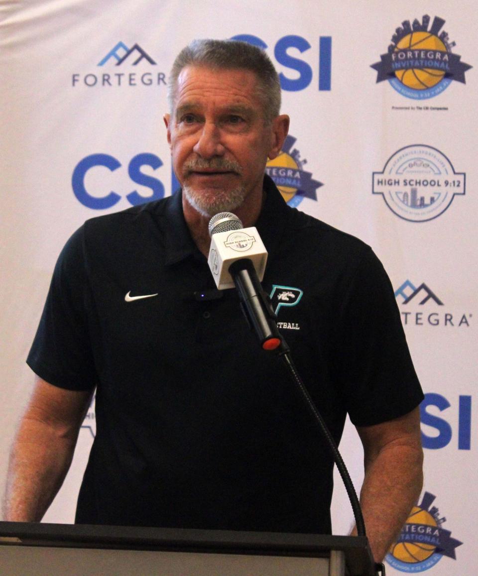 Providence head boys basketball coach Jim Martin speaks during High School 9:12 Basketball Media Day on October 24, 2023. [Clayton Freeman/Florida Times-Union]