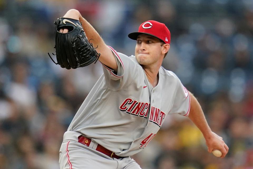 Cincinnati Reds starting pitcher Nick Lodolo works against a San Diego Padres batter during the first inning of a baseball game Monday, April 18, 2022, in San Diego.