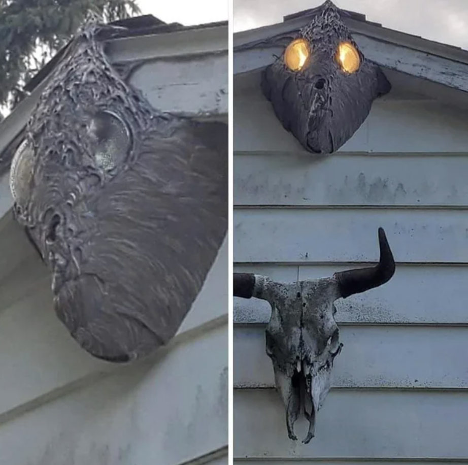 A wasp nest resembling a monster's face with two lights shining like eyes next to a cow skull with horns on a house exterior