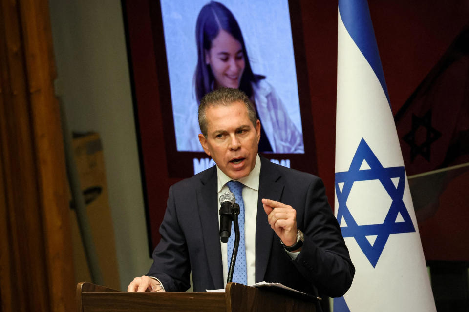 Israel's Ambassador to the United Nations Gilad Erdan speaks during an event featuring families of Israelis kidnapped by Hamas, at U.N Headquarters in New York City, Oct. 13, 2023. / Credit: BRENDAN MCDERMID / REUTERS