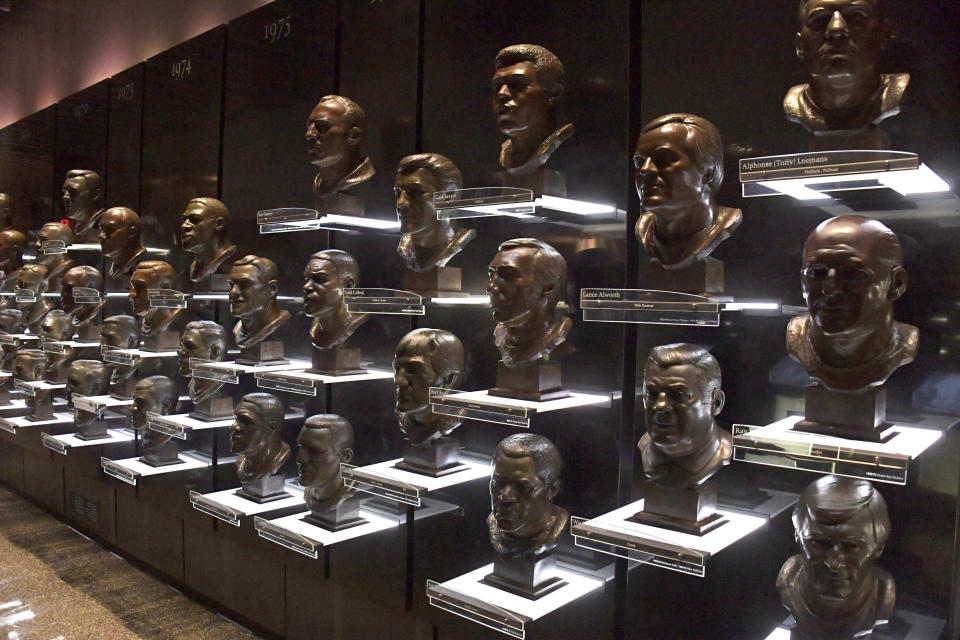 Aug 1, 2019; Canton, OH, USA; The busts of Pro Football Hall of Fame inductees on display at the Pro Football Hall of Fame. Mandatory Credit: Kirby Lee-USA TODAY Sports