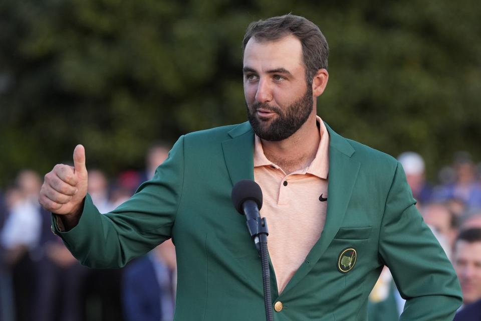 Scottie Scheffler speaks after winning the Masters golf tournament at Augusta National Golf Club Sunday, April 14, 2024, in Augusta, Ga. (AP Photo/David J. Phillip)