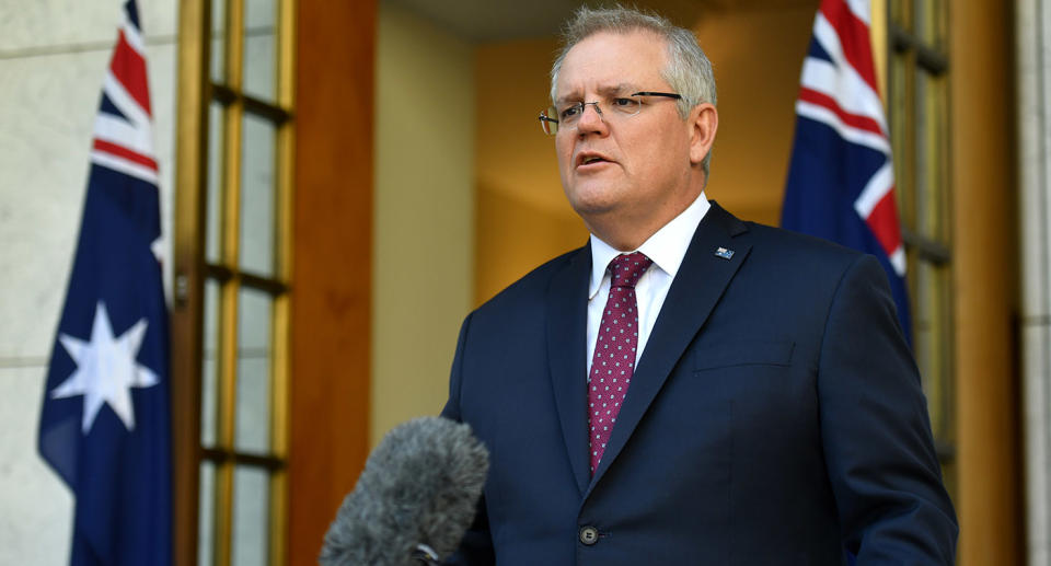 Prime Minister Scott Morrison speaks at a press conference in Canberra.