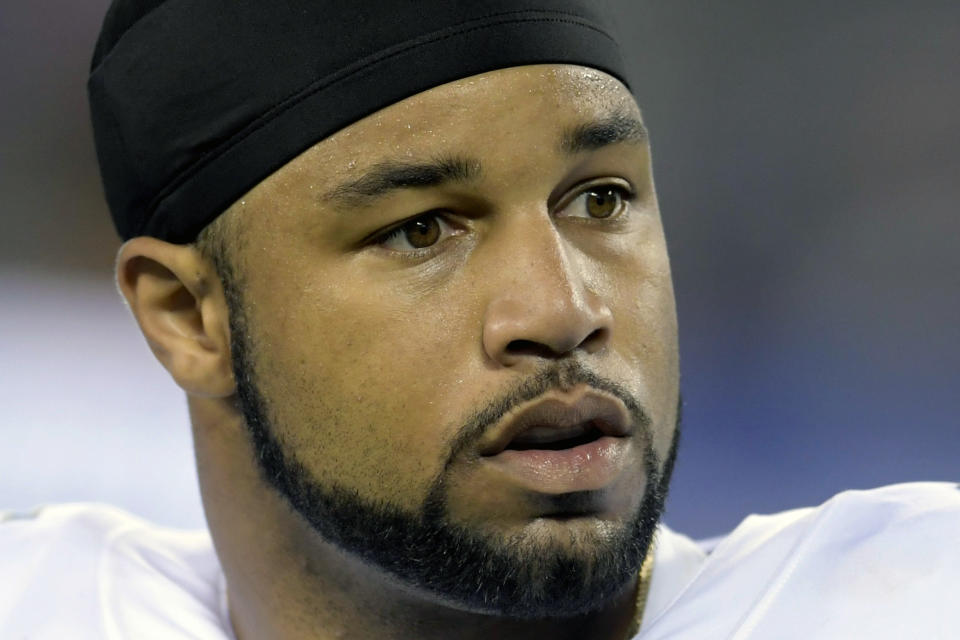 FILE - In this Sept. 18, 2017, file photo, then-Detroit Lions wide receiver Golden Tate (15) looks on before an NFL football game against the New York Giants in East Rutherford, N.J. New York Giants wide receiver Golden Tate has had the appeal of his four-game suspension for a violation of the NFL's policy on performance enhancers turned down. The decision by an independent arbiter was announced Tuesday, Aug. 13, 2019, and means the 10-year-veteran will miss the first four games of the regular season, starting with Dallas on Sept. 8. (AP Photo/Bill Kostroun, File)