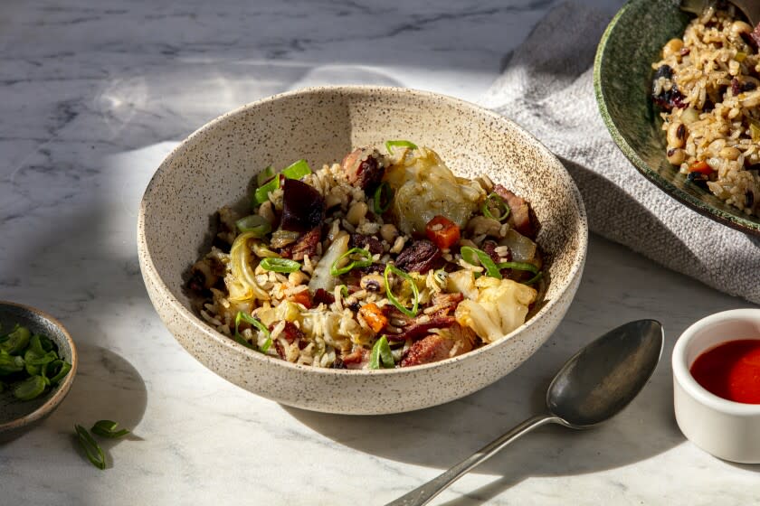 LOS ANGELES, CALIFORNIA, March 5, 2021: A bowl Hoppin' John for the Juneteenth story by Ben Mims, from recipe by chef Ray Anthony Barrett, photographed on Wednesday, June 2, 2021, at Proplink Studios in Arts District Los Angeles. (Photo and Prop Styling / Silvia Razgova, Prop Styling / Sean Bradley, Food styling / Ben Mims) ATTN: 783117-fo-june-week-of-meals