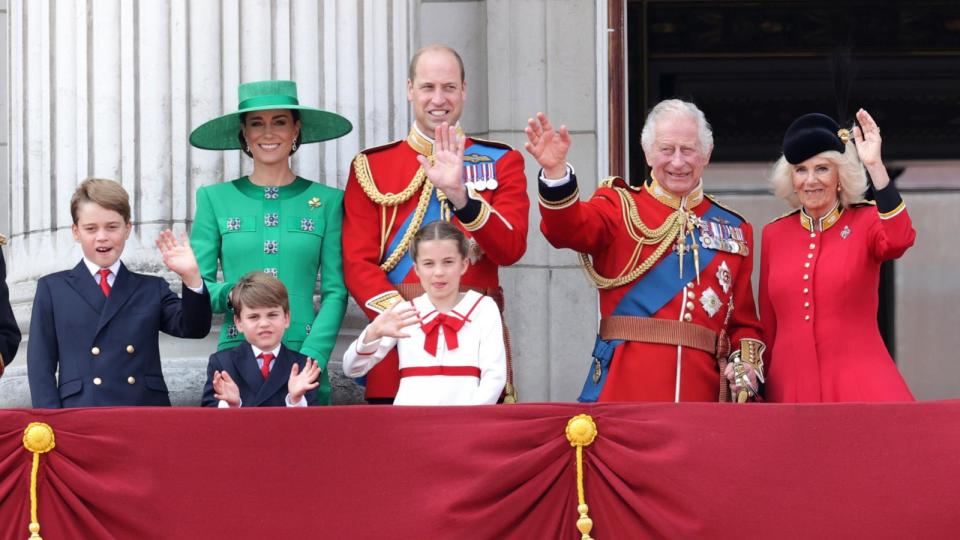 PHOTO: King Charles III and Queen Camilla wave alongside Prince William, Prince of Wales, Prince Louis of Wales, Catherine, Princess of Wales and Prince George of Wales wave on the Buckingham Palace balcony, June 17, 2023 in London. (Chris Jackson/Getty Images)