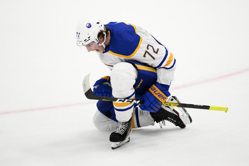 Buffalo Sabres center Tage Thompson (72) celebrates his overtime goal - and third goal of the night - against the Washington Capitals in an NHL hockey game Tuesday, Jan. 3, 2023, in Washington. The Sabres won 5-4. (AP Photo/Nick Wass)