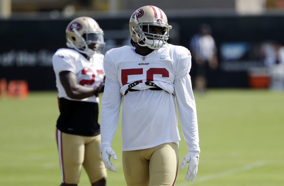 San Francisco 49ers linebacker Reuben Foster was carted off with an ankle injury in his debut. (AP)