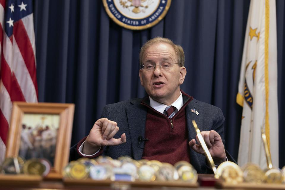 Rep. Jim Langevin, D-R.I., speaks with a reporter in his office, Friday, March 25, 2022, in Warwick, R.I. After the Capitol riot, Langevin said he thought briefly that the foolishness and recklessness of dividing the country would finally stop. That didn’t happen, and the Rhode Island Democrat says it’s one reason why he’s leaving Congress. (AP Photo/Michael Dwyer)