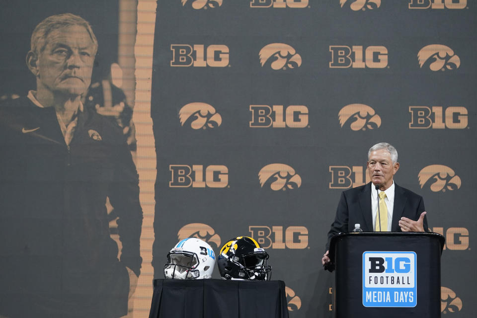 Iowa head coach Kirk Ferentz talks to reporters during an NCAA college football news conference at the Big Ten Conference media days, at Lucas Oil Stadium, Tuesday, July 26, 2022, in Indianapolis. (AP Photo/Darron Cummings)