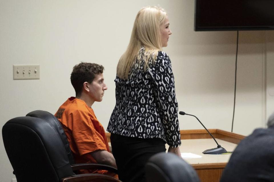 Anne Taylor, right, chief of the Kootenai County Public Defender’s Office, represents Bryan Kohberger, the suspect in the November Moscow quadruple homicide. She addresses the court during Kohberger’s initial Idaho hearing on Jan. 5 in Moscow.