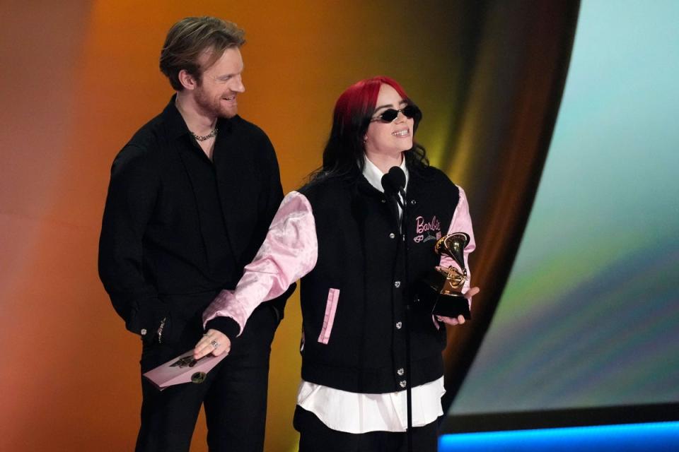Finneas, left, and Billie Eilish accept the award for song of the year for “What Was I Made For?” during the 66th annual Grammy Awards on Sunday, Feb. 4, 2024, in Los Angeles. (AP Photo/Chris Pizzello) (AP)