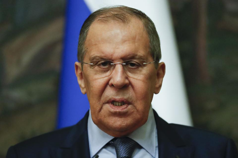 Russian Foreign Minister Sergey speaks during a joint news conference with Libyan Foreign Minister Najla Mangoush following their talks in Moscow, Russia, Thursday, Aug. 19, 2021. (Maxim Shipenkov/Pool Photo via AP)