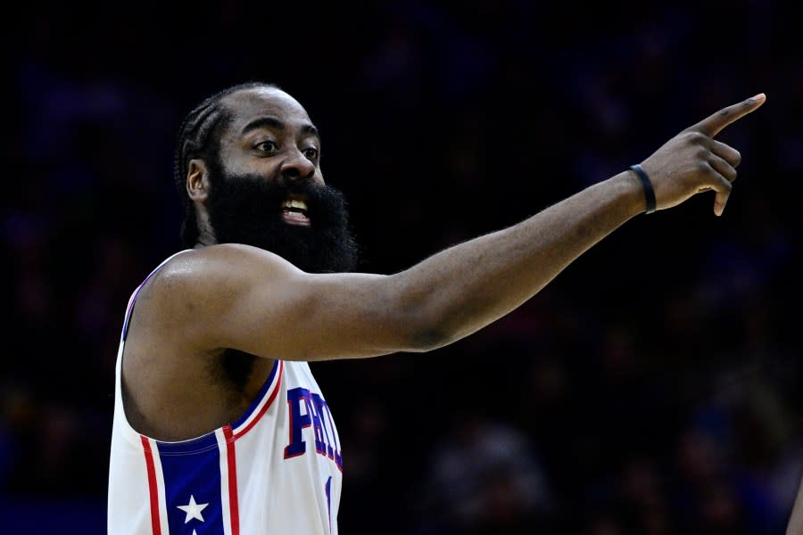 Philadelphia 76ers’ James Harden plays during an NBA basketball game against the Denver Nuggets, Saturday, Jan. 28, 2023, in Philadelphia. Harden appears determined to sever ties with the Philadelphia 76ers after the star guard called team president Daryl Morey a liar at a promotional event at China. (AP Photo/Derik Hamilton)