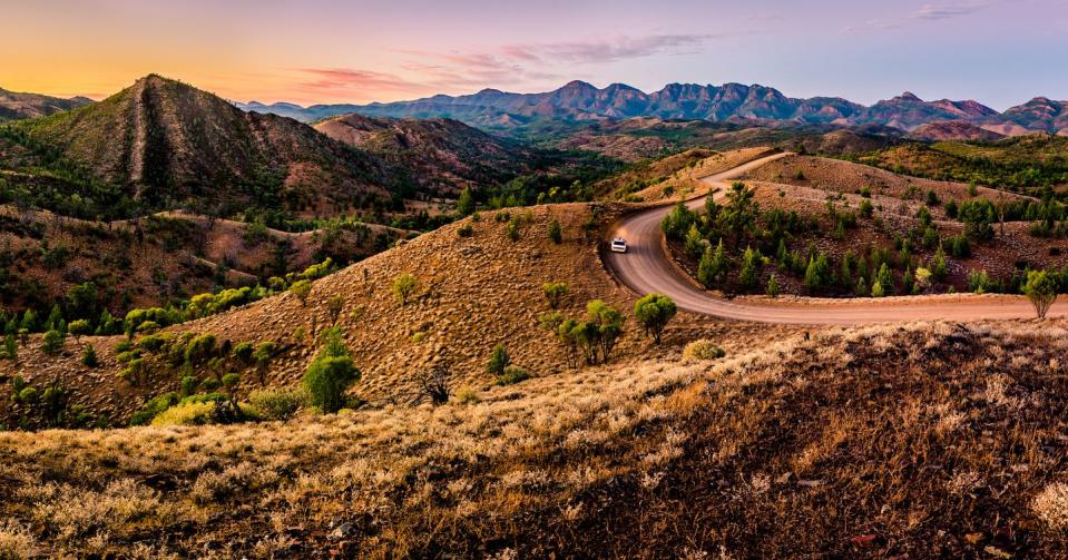 <p>A winding road cuts through Bunyeroo Valley in Flinders Ranges, South Australia.<br></p>