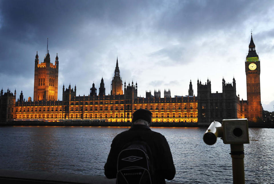 The Houses of Parliament in London at night.