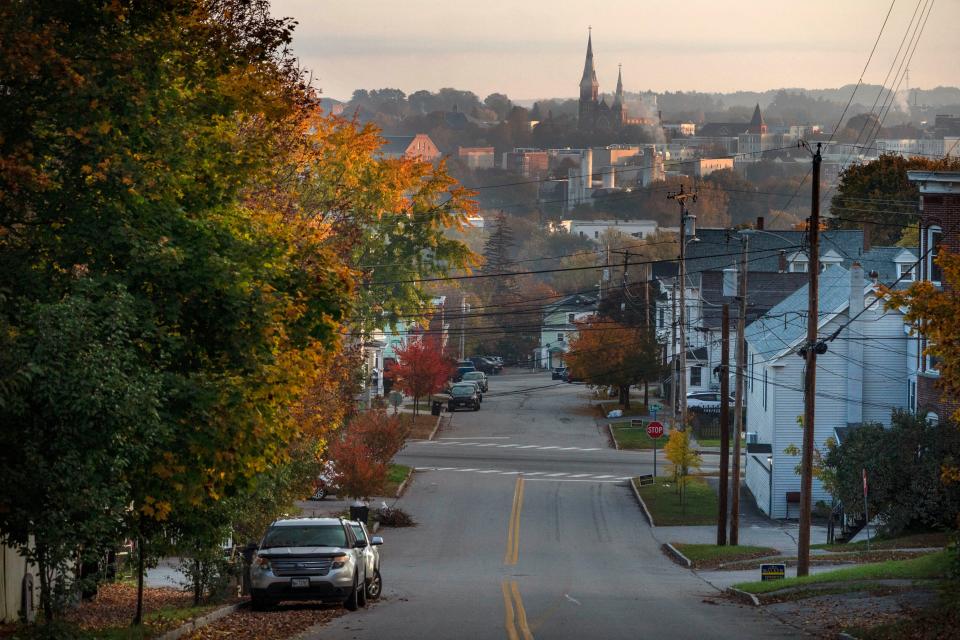 The streets remain quiet in this view looking towards Lewiston, Maine, from the neighboring city of Auburn, as a lockdown remains in effect following this week's deadly mass shootings, Friday, Oct. 26, 2023. Police are still searching for the suspect who killed several people in separate shootings at a bowling alley and restaurant on Wednesday. (AP Photo/Robert F. Bukaty)