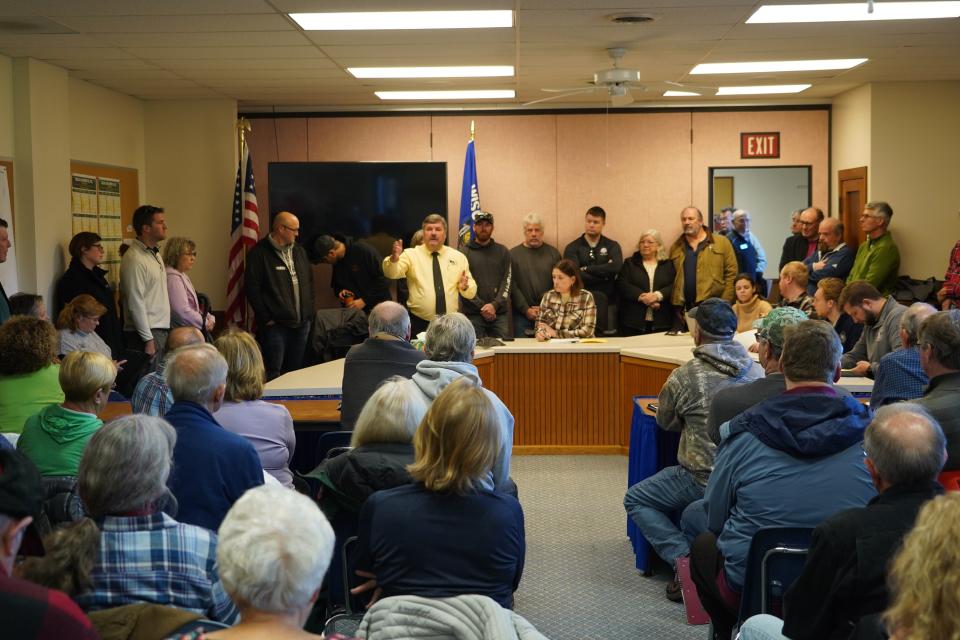 Rep. Rob Swearingen (R-Rhinelander) gestures as he and Sen. Mary Felzkowski (R-Irma) lead a Nov. 13 listening session on proposed wake surfing legislation in Eagle River.