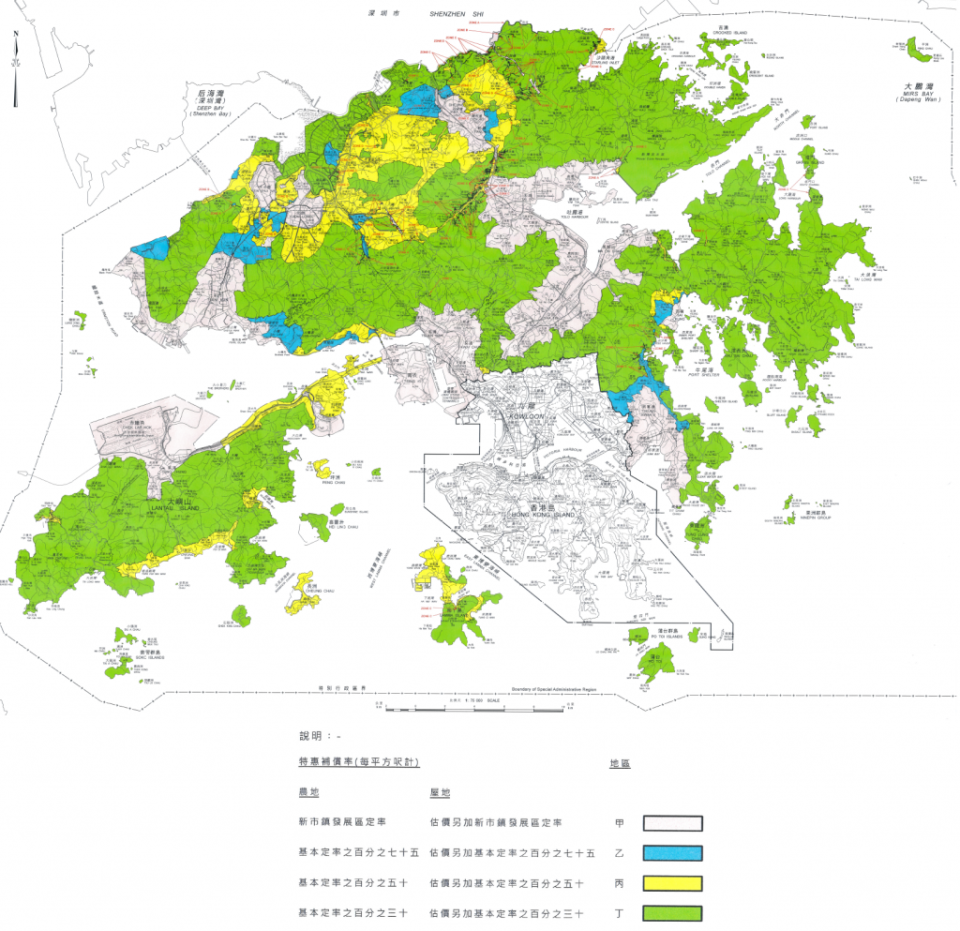 研究顯示，全港逾99%的棕土均集中於元朗、北區、屯門、大埔4區。黃肇鴻指，大部份棕土位於補償價最低的丙級（黃色範圍）及丁級（綠色範圍）地區，每平方呎補償價分別為562元及337元。地政總署補償定率之分區圖則截圖