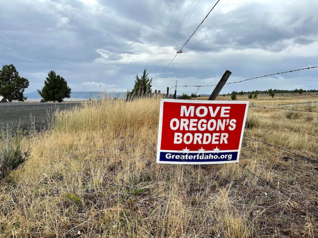 Sign supporting the Greater Idaho movement along the highway south of Fox, Oregon