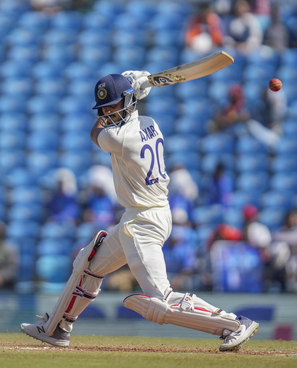 India's Axar Patel plays a shot during the third day of the first cricket test match between India and Australia in Nagpur, India, Saturday, Feb. 11, 2023. (AP Photo/Rafiq Maqbool)