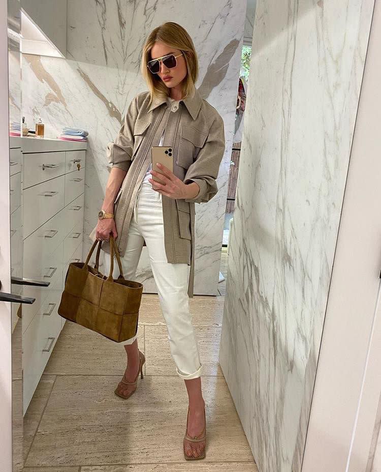 <p>As winter turns to spring, the supermodel has begun pairing beiges with white, mixing up textures like mesh, suede and denim.</p>