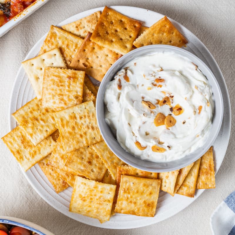 Butter-Baked Saltines with Chili Crisp Yogurt Dip