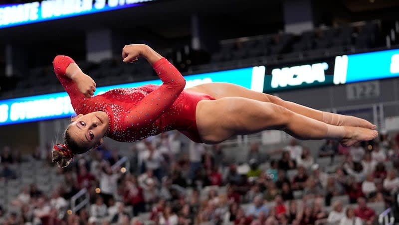 Utah's Makenna Smith competes in the floor exercise during the NCAA women's gymnastics championships in Fort Worth, Texas, Thursday, April 18, 2024.