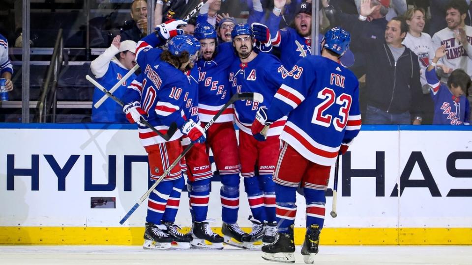 Oct 17, 2022; New York, New York, USA; New York Rangers center Mika Zibanejad (93) celebrates his goal against the Anaheim Ducks during the first period at Madison Square Garden.
