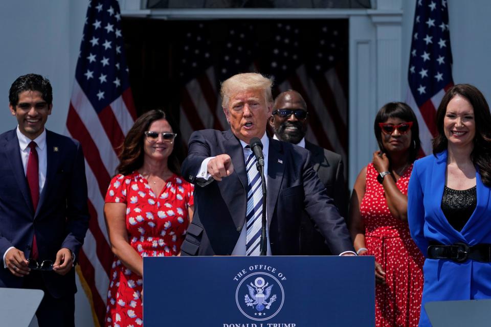 Former President Donald Trump speaking at Trump National Golf Club in Bedminster, New Jersey, in July when he announced plans to sue Facebook, Google and Twitter, claiming the companies violated his First Amendment rights when they booted him off their social media platforms.