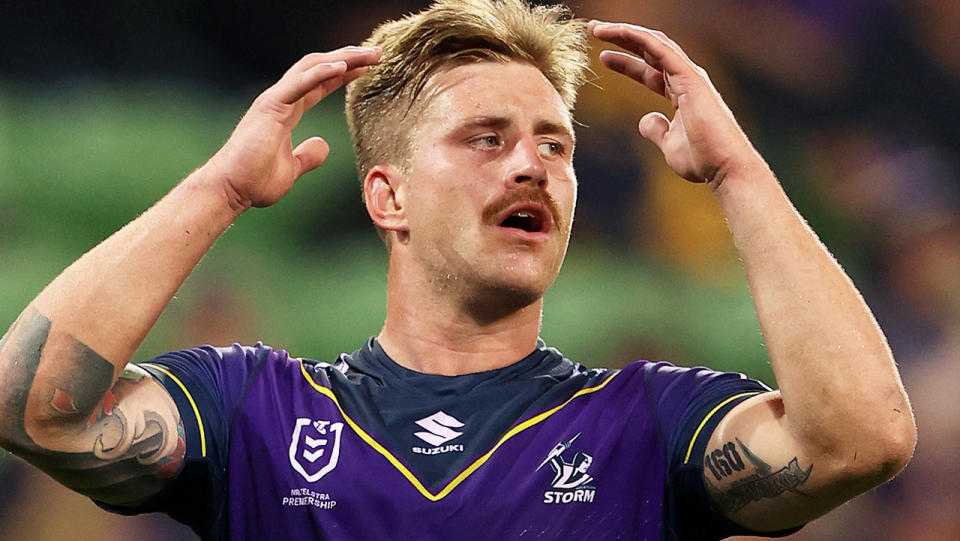 Melbourne Storm's Cameron Munster has detailed family tragedies that have rocked his life off-field amid a difficult 2021 season for the five-eighth. (Photo by Robert Cianflone/Getty Images)