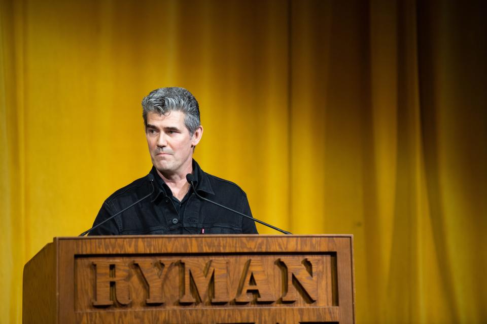 Greg Harris,  president and CEO of the Cleveland-based Rock and Roll Hall of Fame expresses his excitement for The Ryman Auditorium in Nashville, to receive a Rock & Roll Hall of Fame landmark, Thursday, May 26, 2022.  