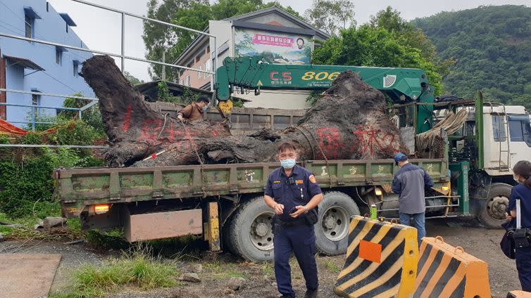 ▲嫌犯棄置車輛並逃離現場，車上載有2顆疑似國有林地珍貴樹種，經辨識查扣樹頭均為一級樹種牛樟木。（圖／翻攝畫面）