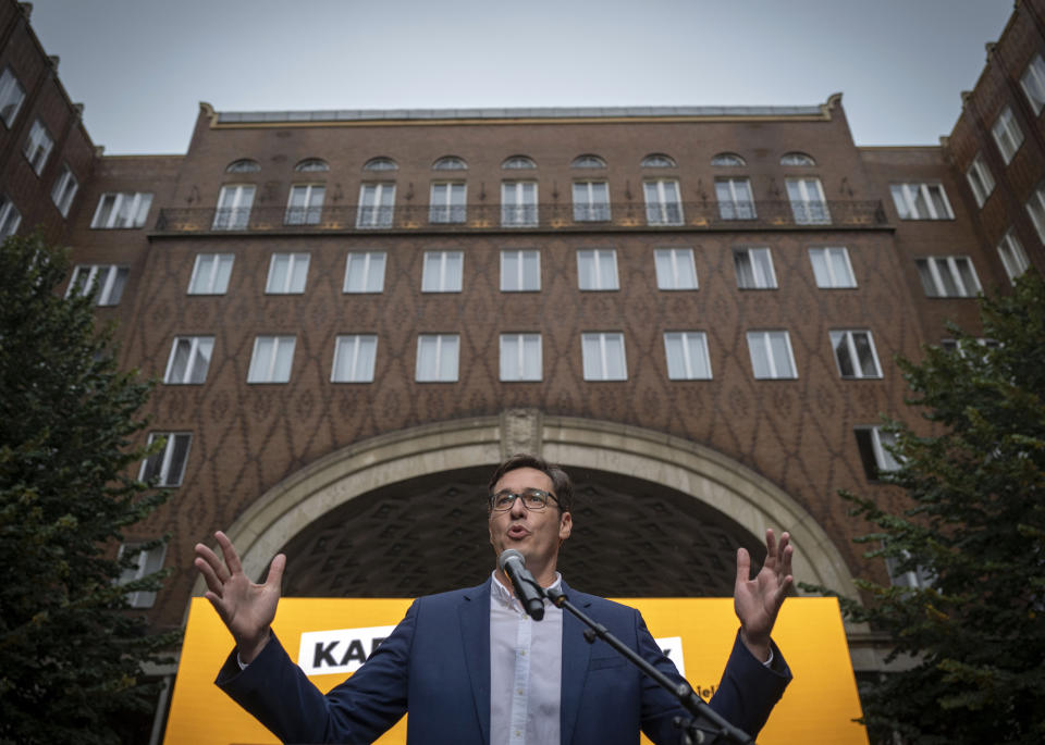 Budapest mayor Gergely Karacsony, one of the frontrunners in a race to unseat Hungary's Prime Minister Viktor Orban holding a campaign event in Budapestt, Hungary on Sept. 17, 2021. The rally marked the start of a primary election that will choose a joint opposition candidate to face off with Hungary's hardline leader in polls next year. (AP Photo/Bela Szandelszky)