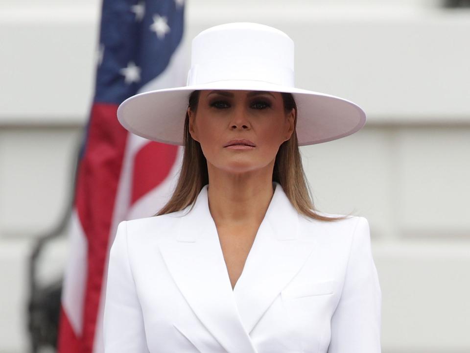 U.S. first lady Melania Trump participates in a state arrival ceremony at the South Lawn of the White House April 24, 2018 in Washington, DC.