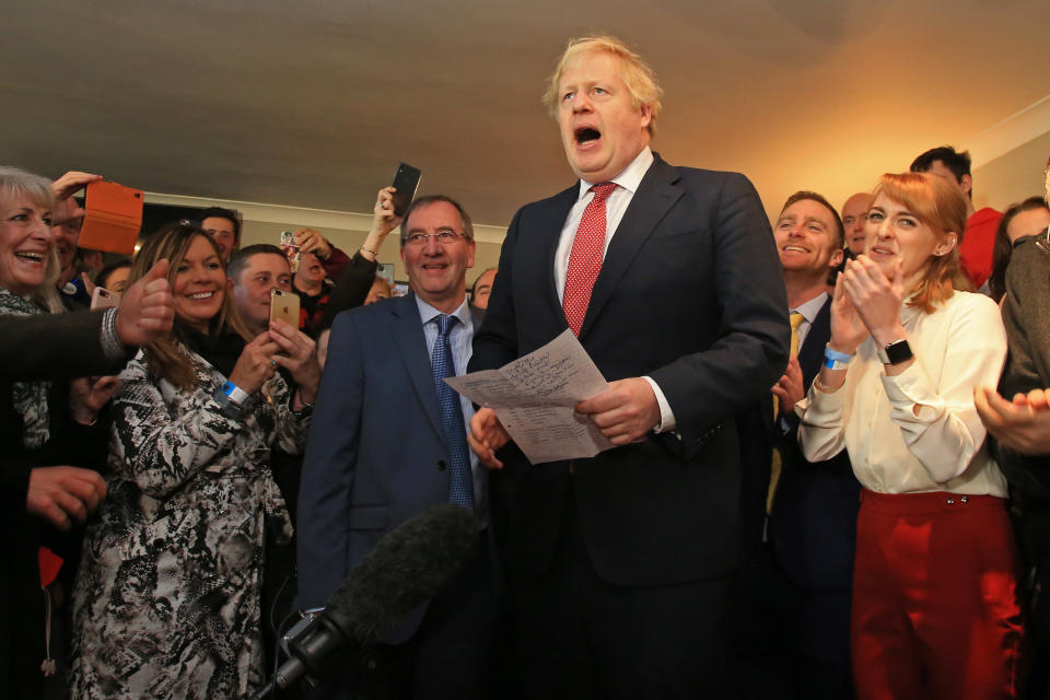 Prime Minister Boris Johnson speaks to supporters during a visit to see newly elected Conservative party MP for Sedgefield, Paul Howell during a visit to Sedgefield Cricket Club in County Durham.