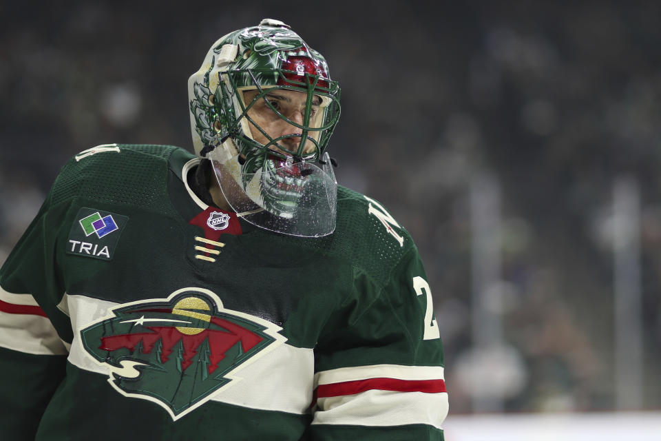 Minnesota Wild goaltender Marc-Andre Fleury looks on during the first period of an NHL hockey game against the Dallas Stars, Monday, Jan. 8, 2024, in St. Paul, Minn. (AP Photo/Matt Krohn)