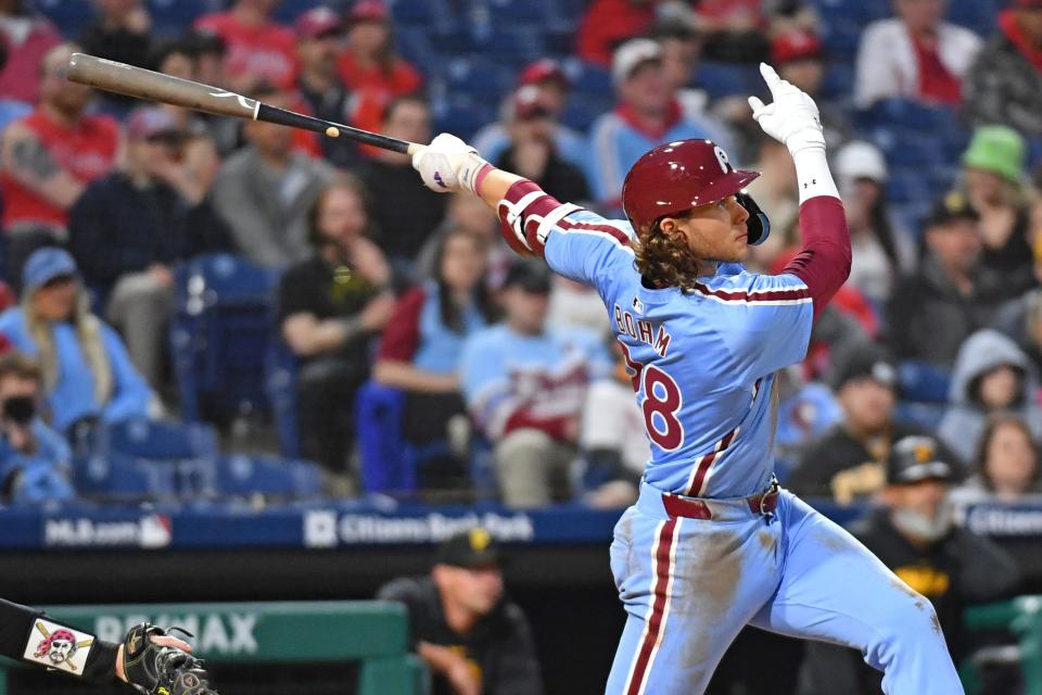 Philadelphia Phillies third baseman Alec Bohm (28) watches his home run against the Pittsburgh Pirates during the fourth inning at Citizens Bank Park Thursday.