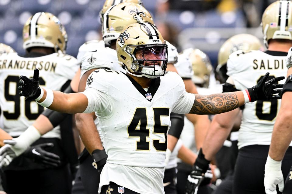 Oct 15, 2023; Houston, Texas, USA; New Orleans Saints linebacker Nephi Sewell (45) reacts prior to the game against the Houston Texans at NRG Stadium. Mandatory Credit: Maria Lysaker-USA TODAY Sports