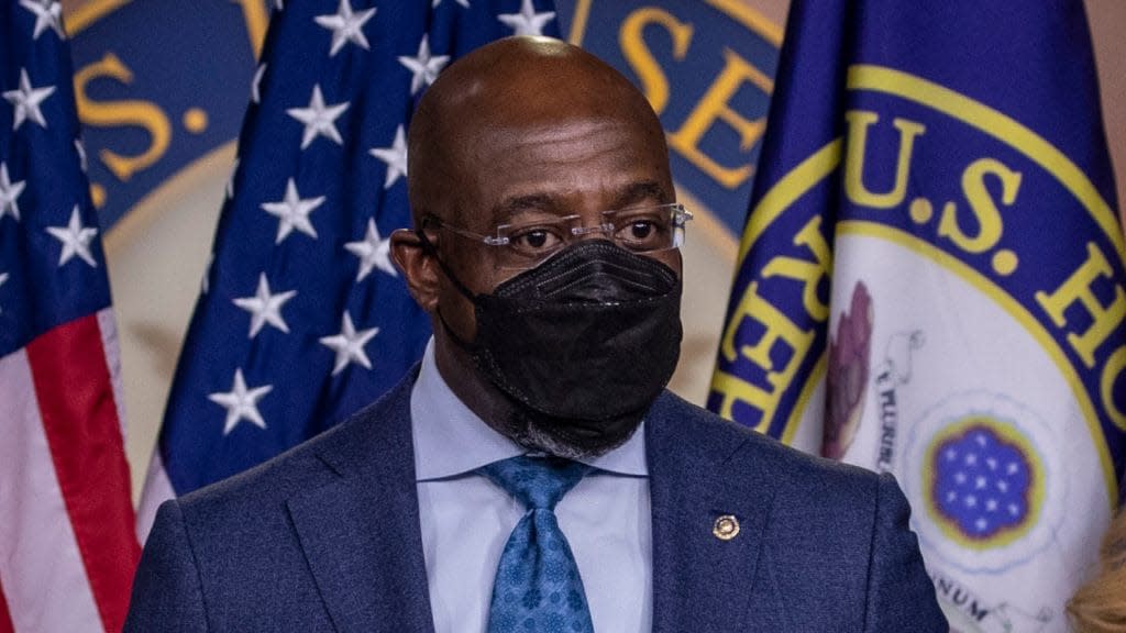 Georgia Sen. Raphael Warnock speaks on the American Rescue Plan at a recent press conference on Capitol Hill in Washington, D.C. (Photo by Tasos Katopodis/Getty Images)