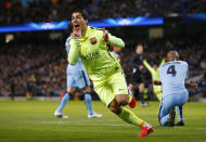 Football - Manchester City v FC Barcelona - UEFA Champions League Second Round First Leg - Etihad Stadium, Manchester, England - 24/2/15 Luis Suarez celebrates after scoring the first goal for Barcelona Reuters / Darren Staples Livepic EDITORIAL USE ONLY.