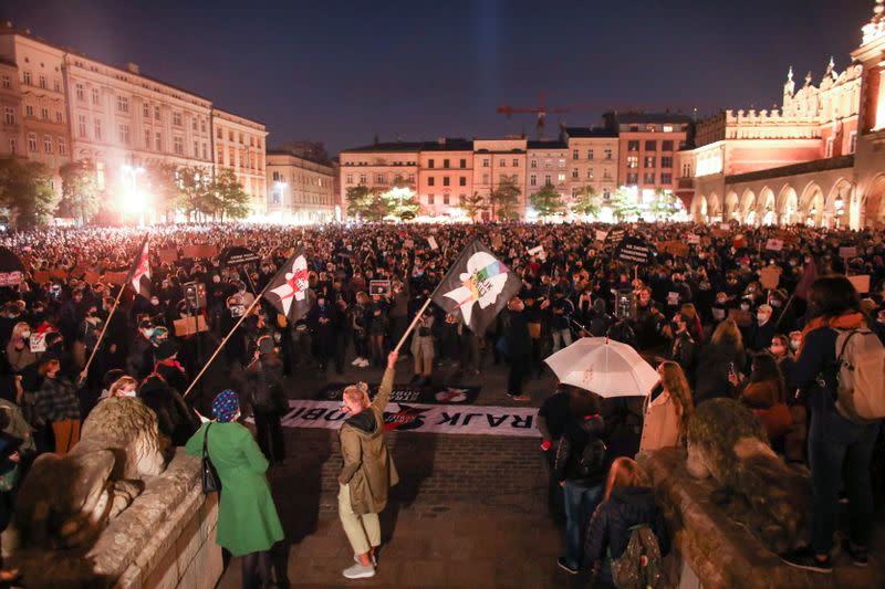 People protest against imposing further restrictions on abortion law in Krakow