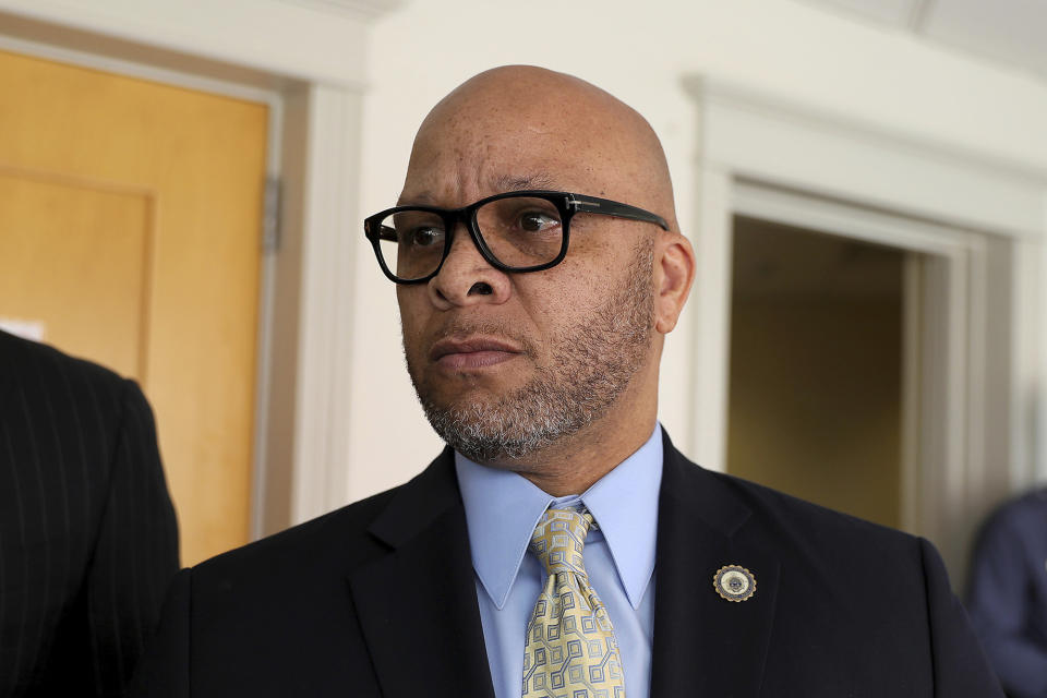 FILE - In this Feb. 28, 2019, file photo, Atlantic City Mayor Frank Gilliam Jr., leaves the North Wildwood Municipal Court in North Wildwood, N.J. Gilliam, the former mayor of Atlantic City, was sentenced Thursday, Jan. 28, 2021, to 30 days in prison and 11 months of house arrest for stealing $87,000 from a youth basketball program he founded.(David Maialetti/The Philadelphia Inquirer via AP, File)