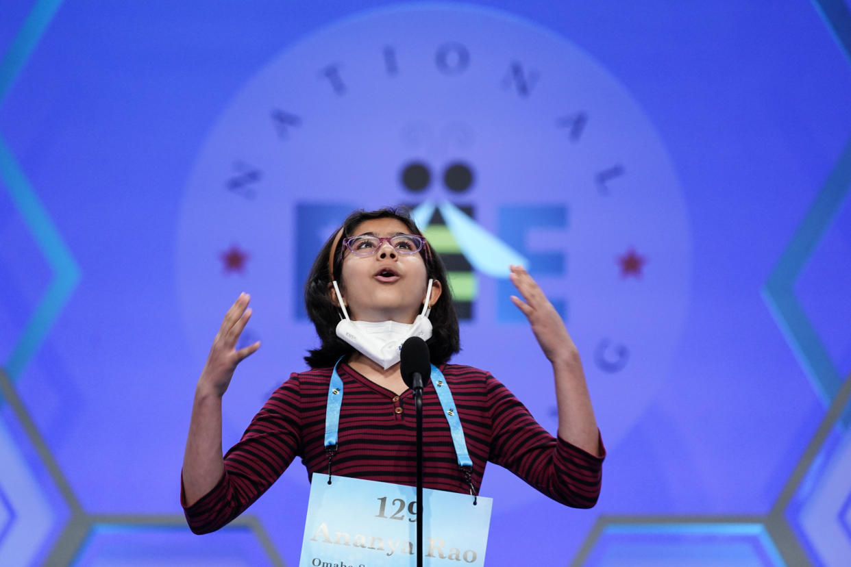 Ananya Rao Prassanna, 11, from Omaha, Neb., reacts as she competes during the Scripps National Spelling Bee, Tuesday, May 31, 2022, in Oxon Hill, Md. (AP Photo/Alex Brandon)