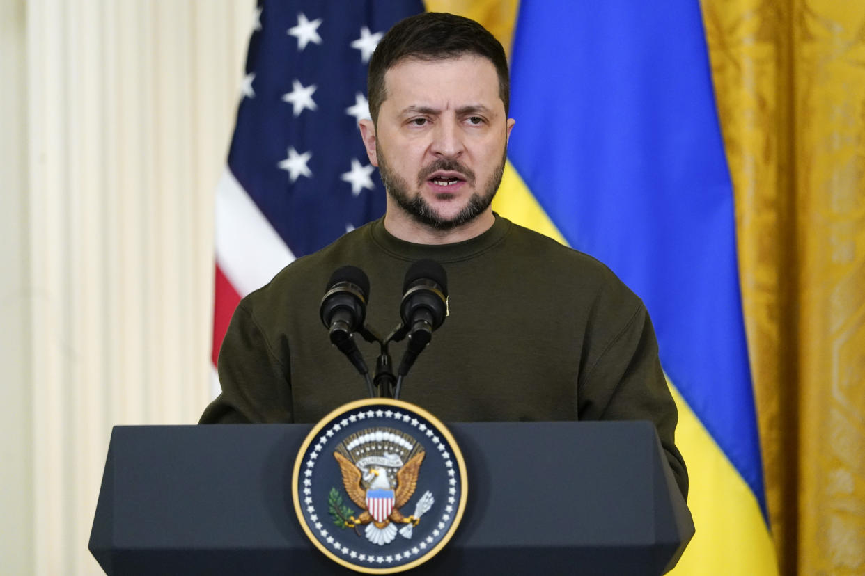 Ukrainian President Volodymyr Zelenskyy speaks during a news conference with President Joe Biden in the East Room of the White House in Washington, Wednesday, Dec. 21, 2022. (AP Photo/Andrew Harnik)