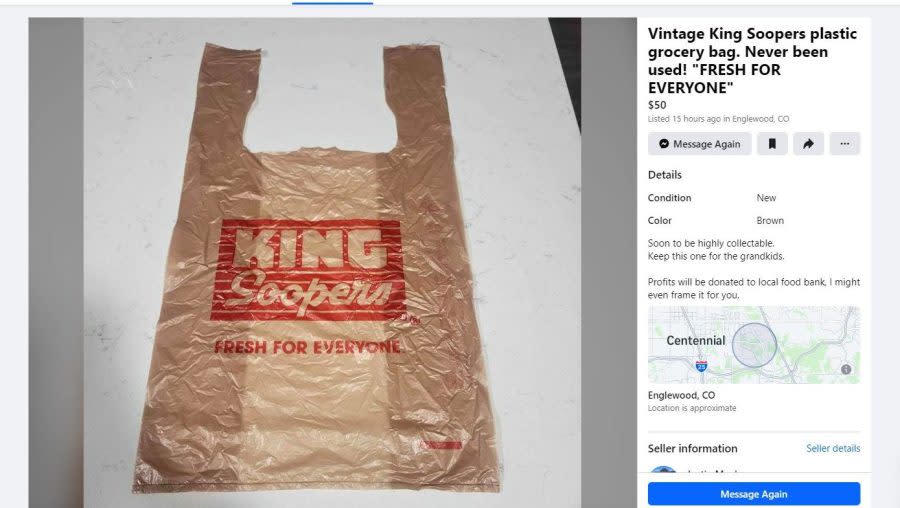 A Facebook Marketplace listing for a 'vintage' King Soopers plastic bag