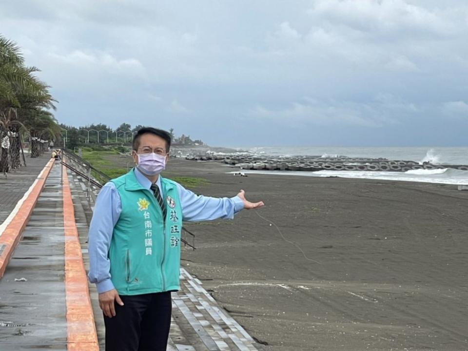 台南各海岸線倒退，議員蔡旺詮認為目前補救工法看似暫時止住侵蝕，仍有待時間觀察驗證，恐無法有效解決海沙補充問題，反而形成另一種海岸沙灘線的破壞。 （記者林雪娟攝）